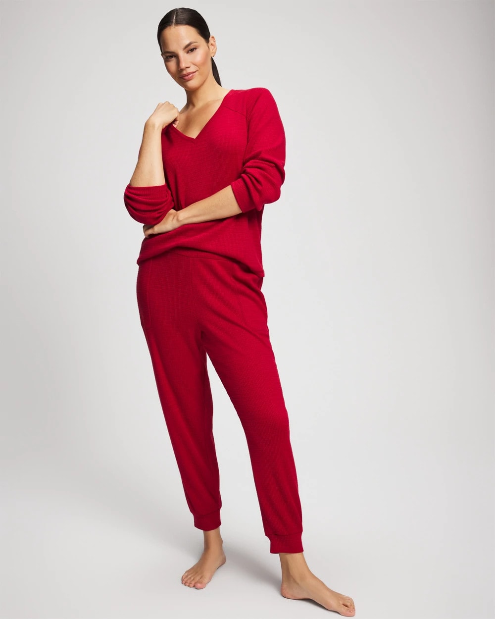 PAINT THE TOWN RED - Cozy Waffle Long Sleeve V-Neck Pajama Top | Soma
