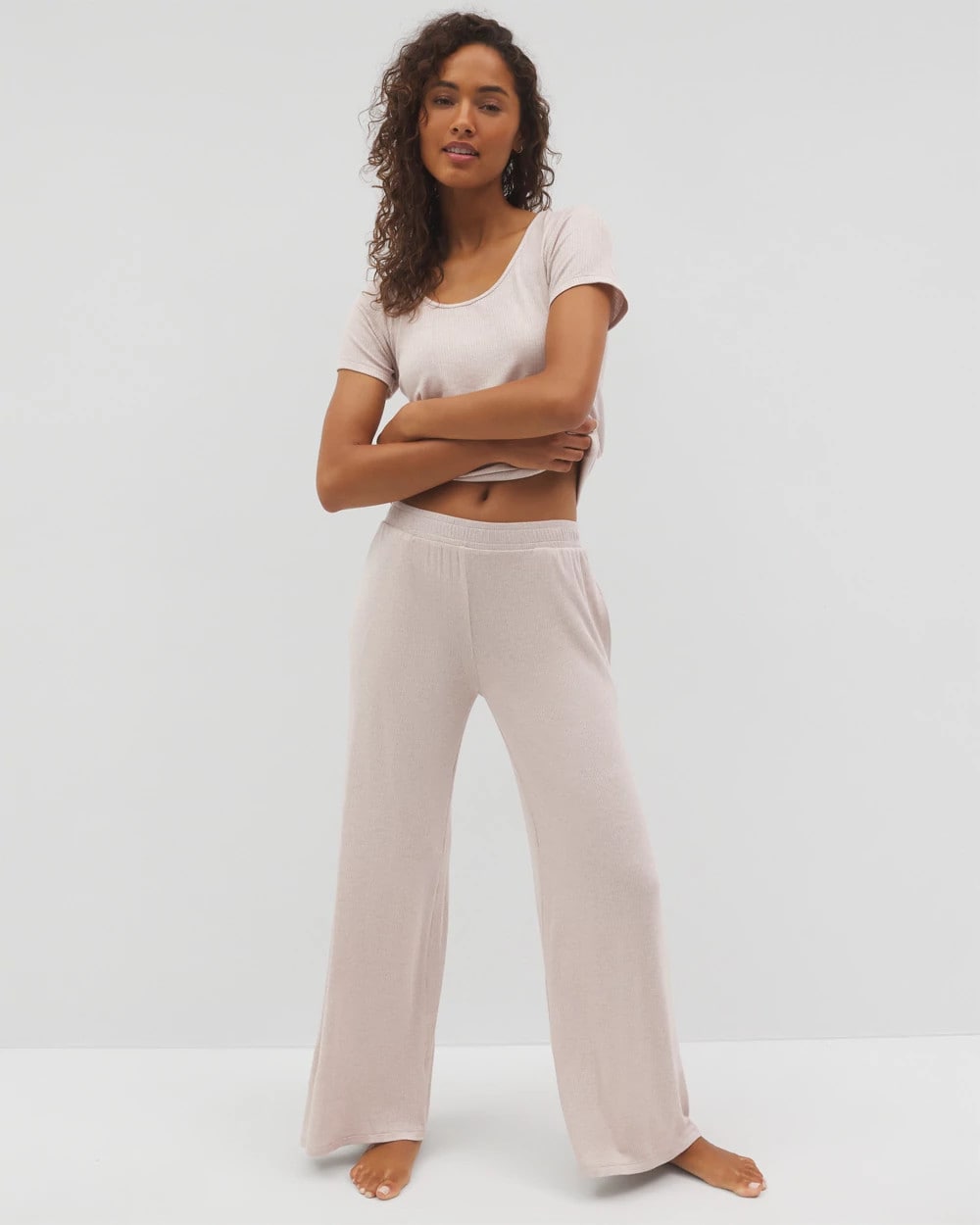 HEATHER BARELY THERE - Lightweight Rib Knit Wide Leg Pajama Pants | Soma