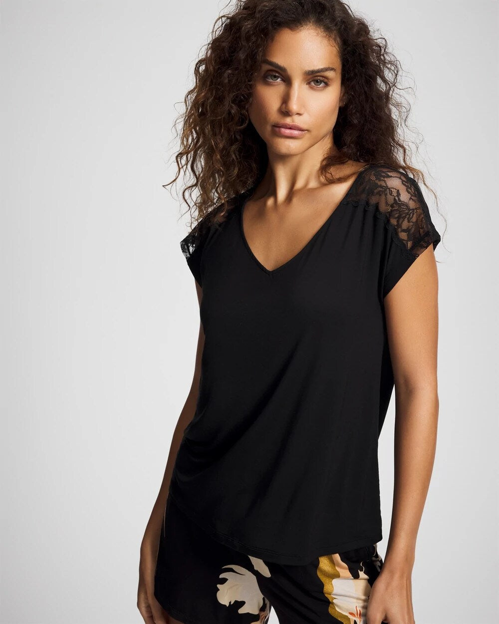 BLACK - Short Sleeve Lace Pajama Tee | Soma