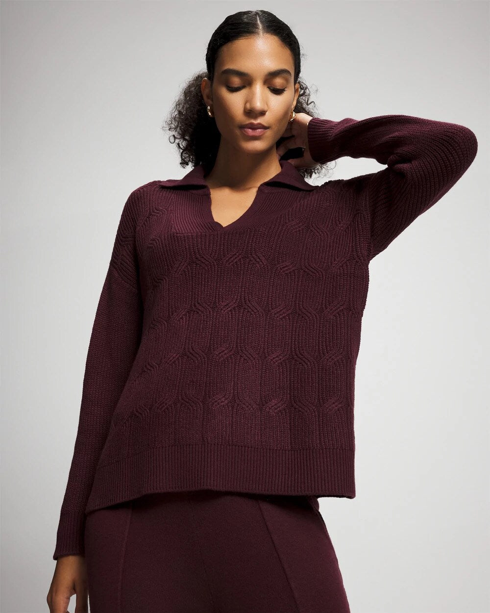 MERLOT - Premier Knit Cable Knit Collared Sweater | Soma