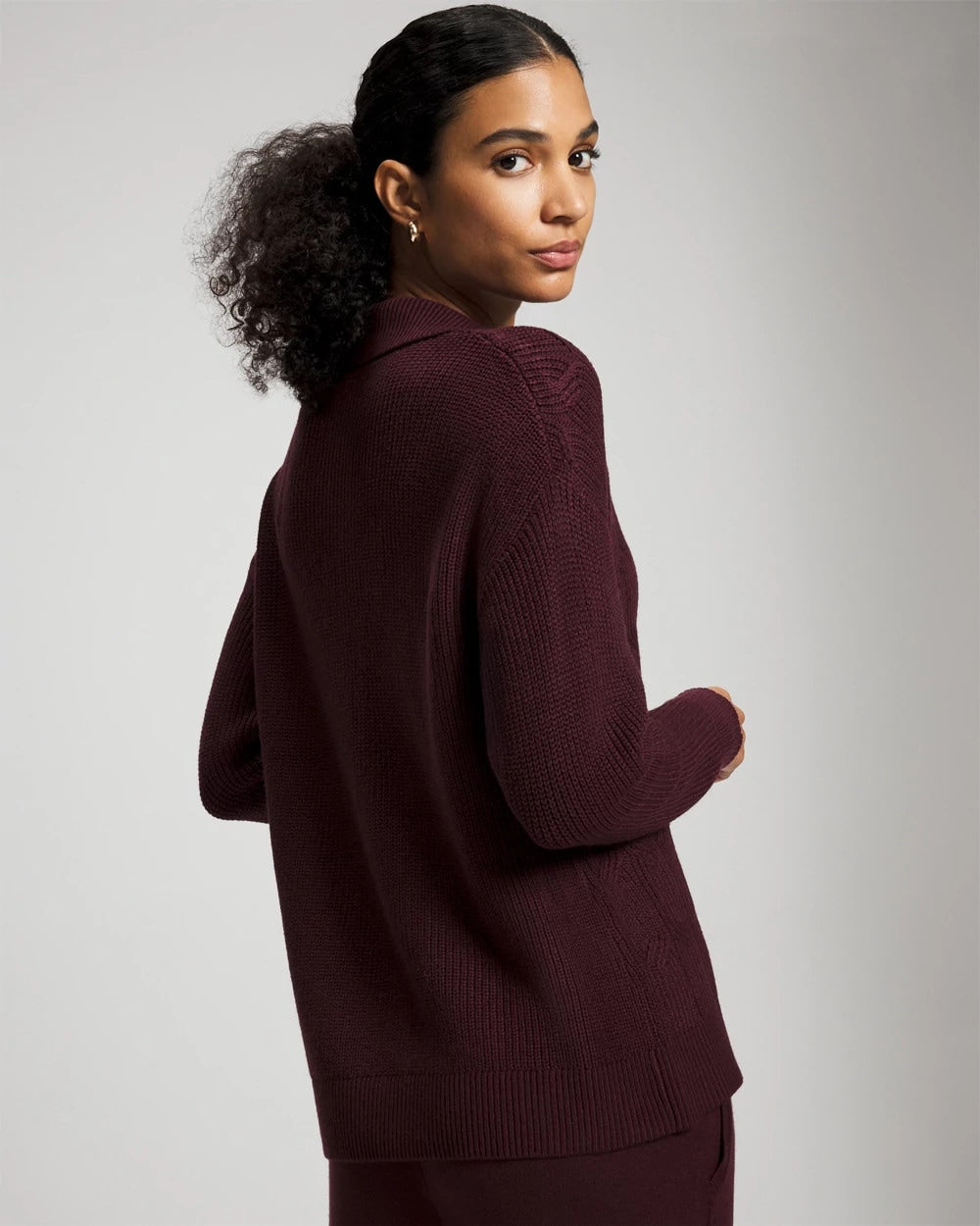 MERLOT - Premier Knit Cable Knit Collared Sweater | Soma
