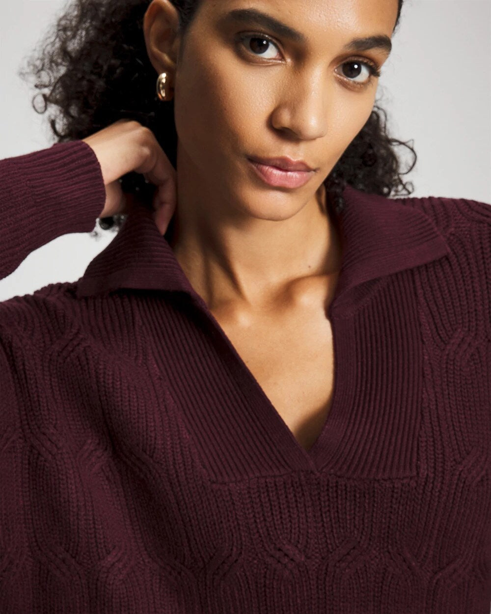 MERLOT - Premier Knit Cable Knit Collared Sweater | Soma