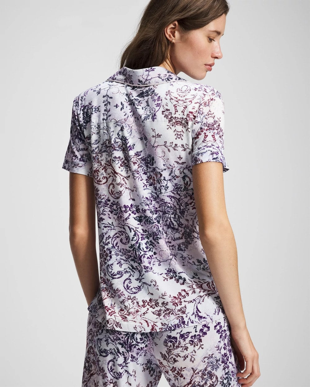 LACE HARMONY LILAC - Piped Short Sleeve Notch Collar Pajama Top | Soma