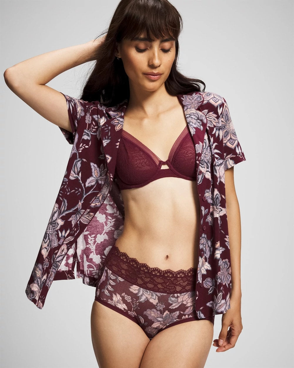 PAISLEY SPLENDOR PLUM - Piped Short Sleeve Notch Collar Pajama Top | Soma