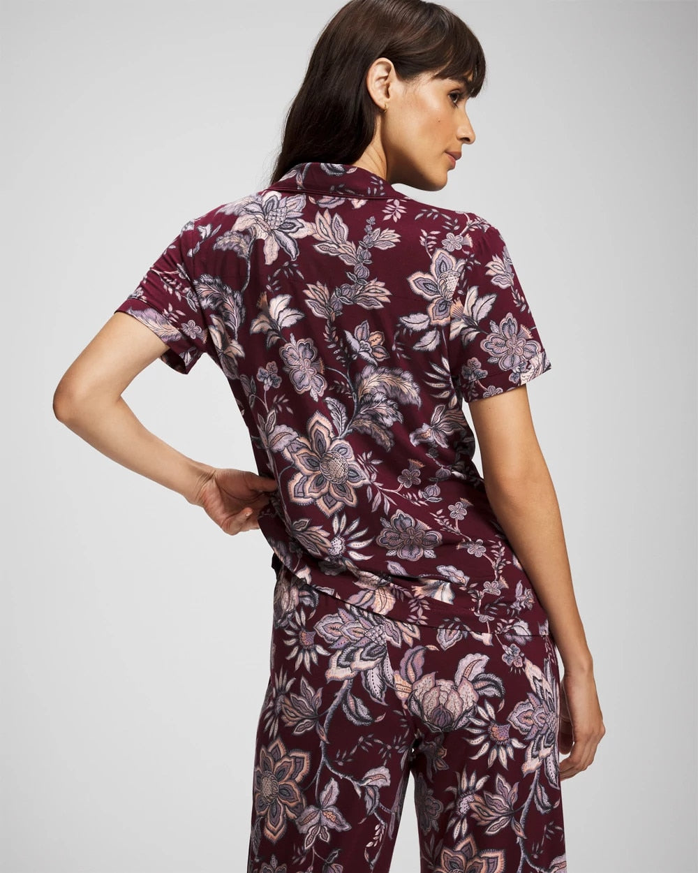 PAISLEY SPLENDOR PLUM - Piped Short Sleeve Notch Collar Pajama Top | Soma