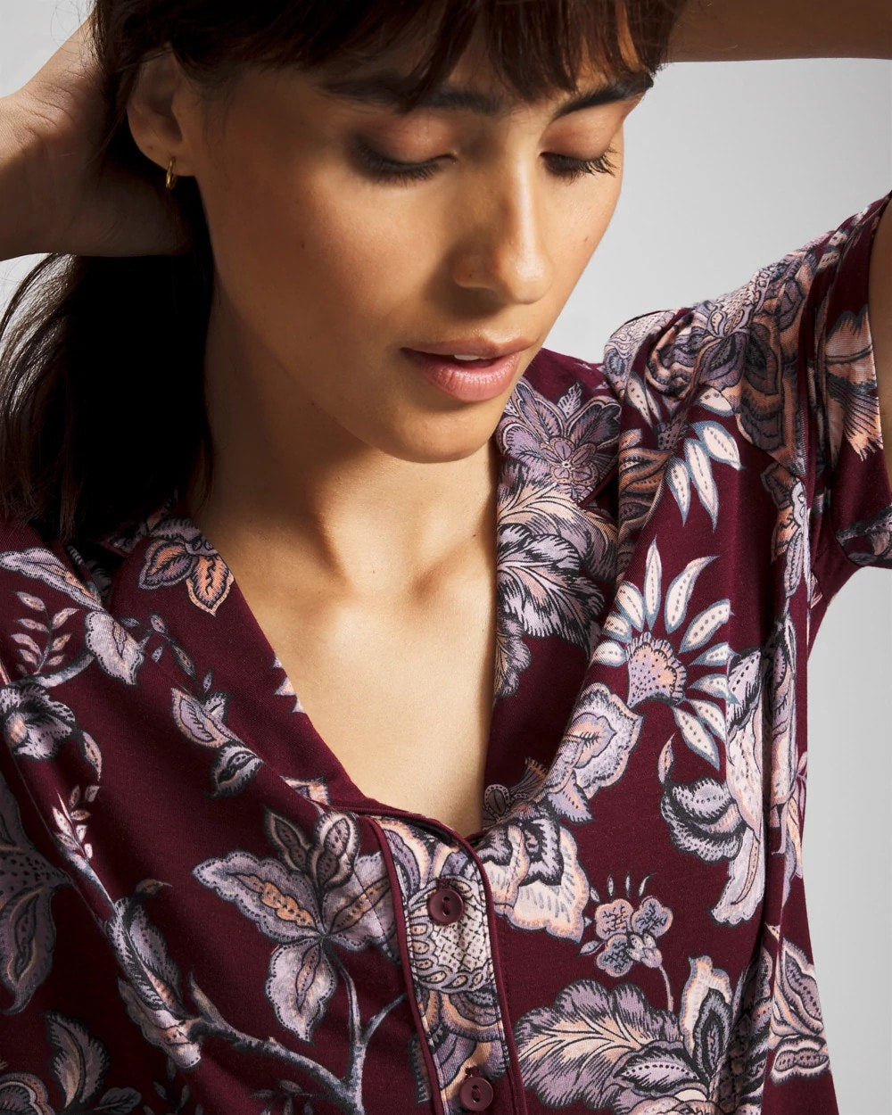 PAISLEY SPLENDOR PLUM - Piped Short Sleeve Notch Collar Pajama Top | Soma