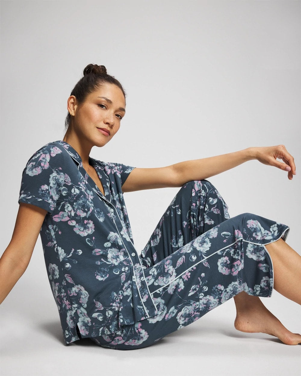FLORA SHIMMER PETROL - Piped Short Sleeve Notch Collar Pajama Top | Soma