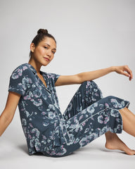 FLORA SHIMMER PETROL - Piped Short Sleeve Notch Collar Pajama Top | Soma