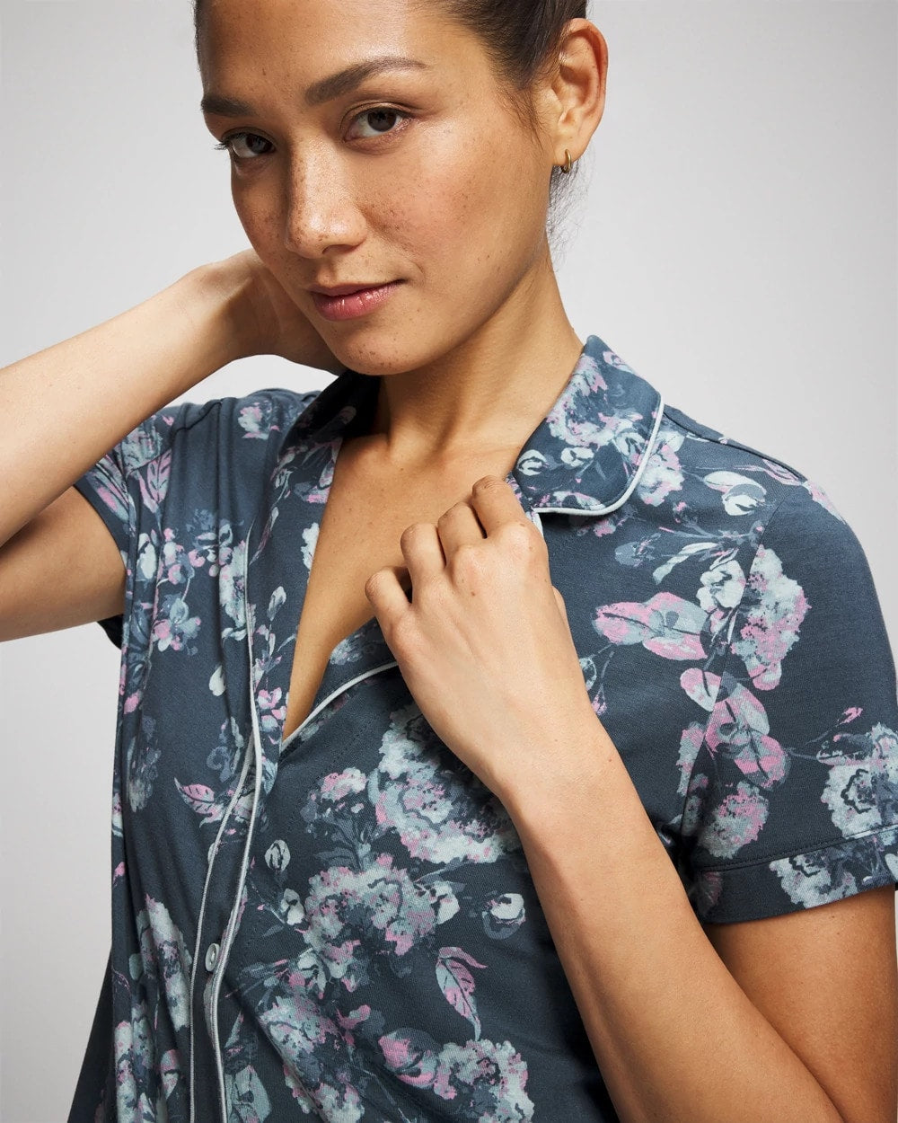 FLORA SHIMMER PETROL - Piped Short Sleeve Notch Collar Pajama Top | Soma