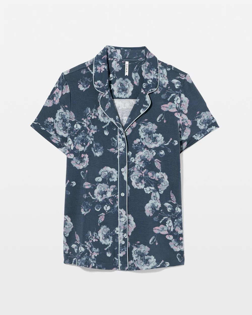 FLORA SHIMMER PETROL - Piped Short Sleeve Notch Collar Pajama Top | Soma