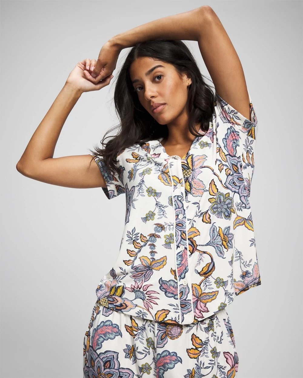 PAISLEY SPLENDOR CHAMP - Piped Short Sleeve Notch Collar Pajama Top | Soma