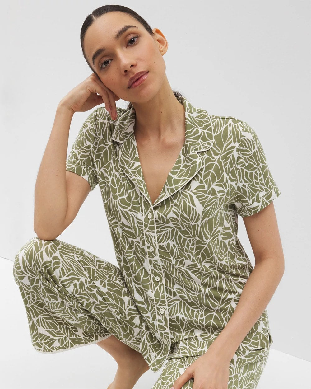 PALMTASTIC VETIVER/CHAMP - Piped Short Sleeve Notch Collar Pajama Top | Soma