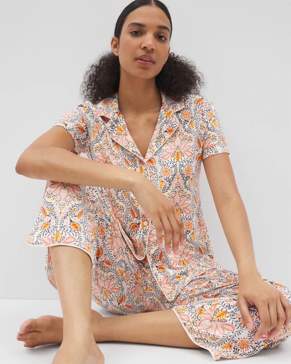 VINE PAISLEY CHAMPAGNE M - Piped Short Sleeve Notch Collar Pajama Top | Soma