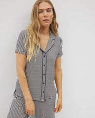 NIGHTCAP STRIPE NAVY - Piped Short Sleeve Notch Collar Pajama Top | Soma