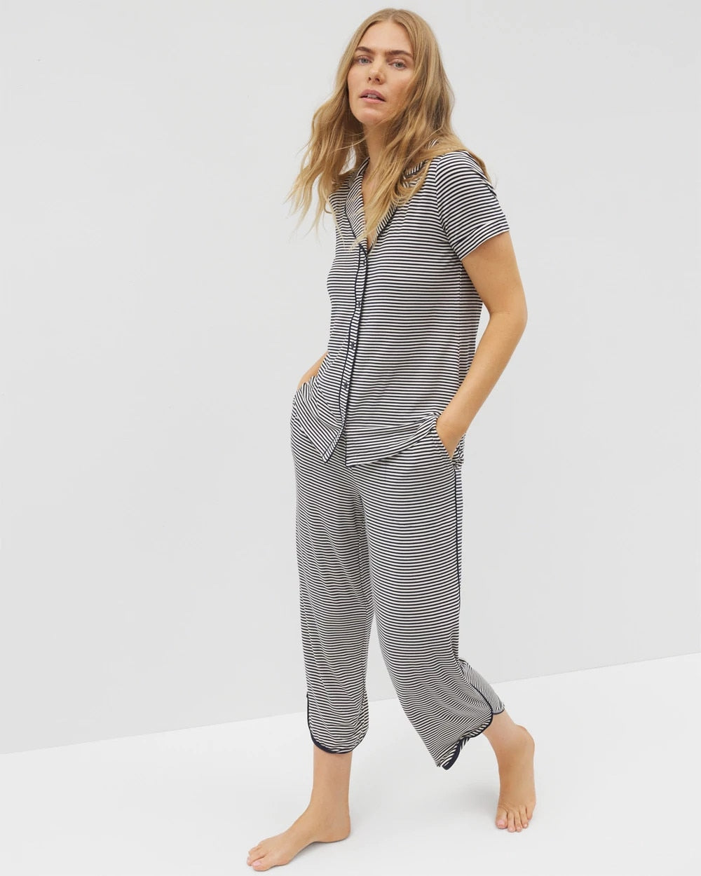 NIGHTCAP STRIPE NAVY - Piped Short Sleeve Notch Collar Pajama Top | Soma
