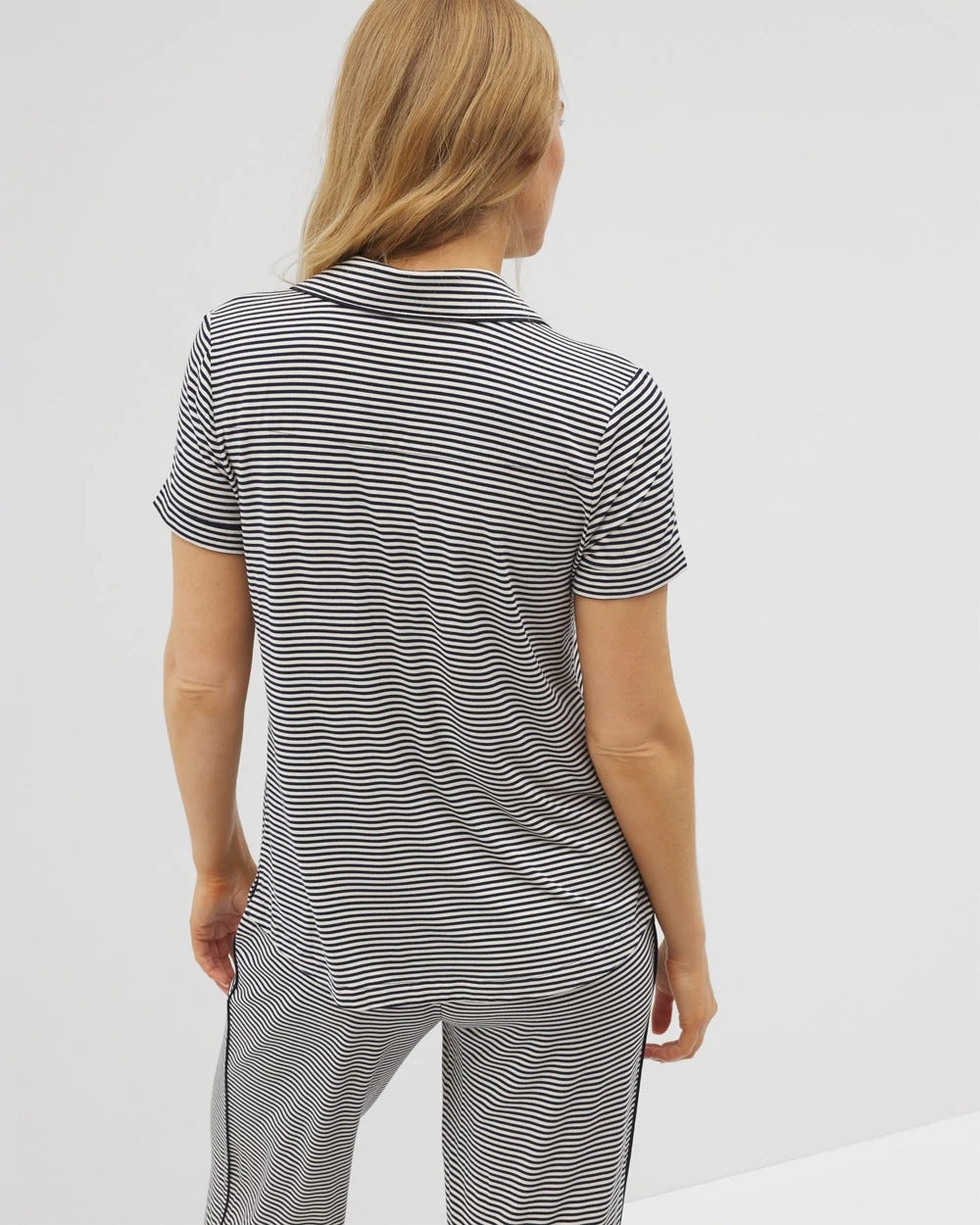 NIGHTCAP STRIPE NAVY - Piped Short Sleeve Notch Collar Pajama Top | Soma