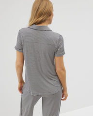 NIGHTCAP STRIPE NAVY - Piped Short Sleeve Notch Collar Pajama Top | Soma