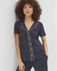 DOT OBSESSED NAVY - Piped Short Sleeve Notch Collar Pajama Top | Soma
