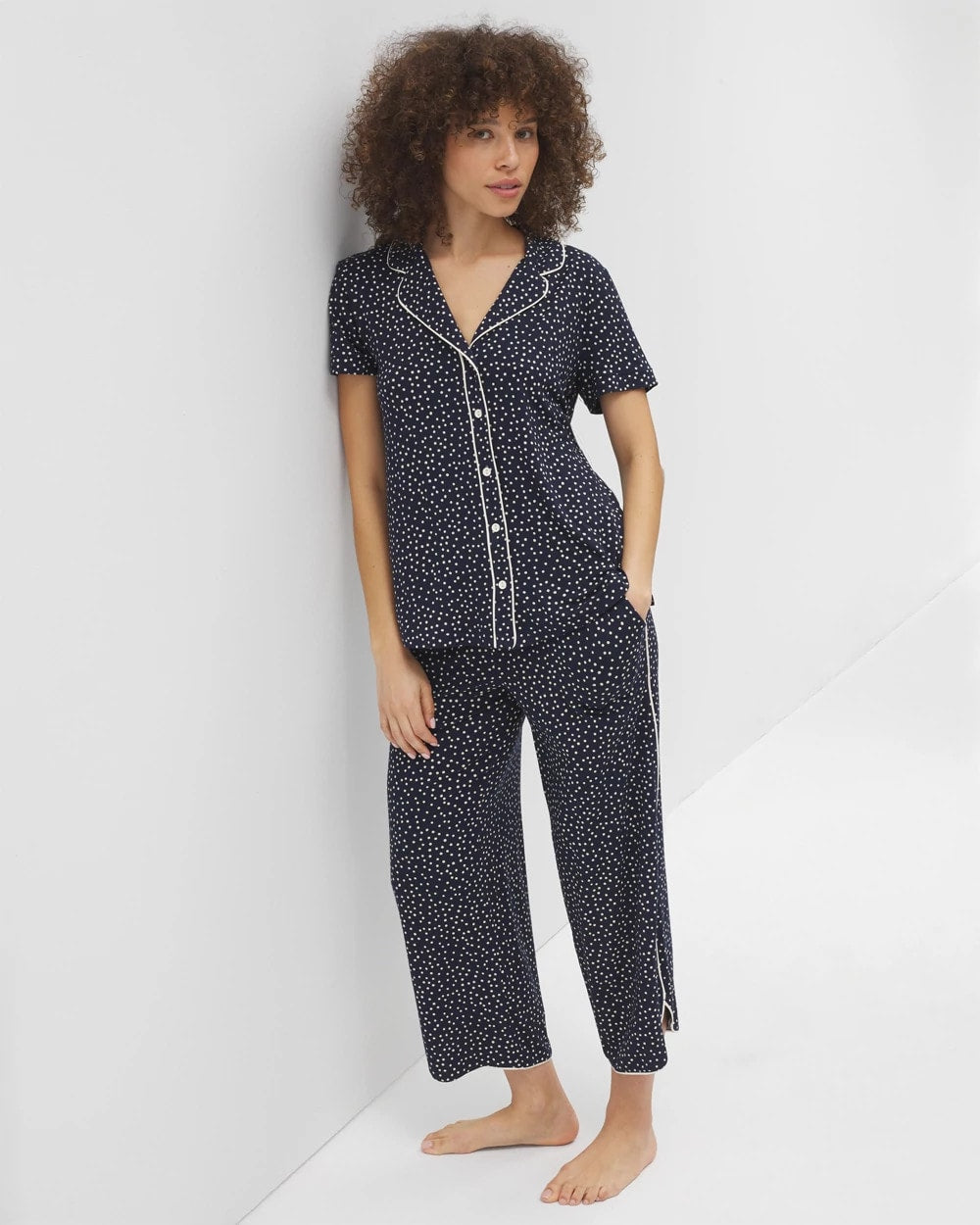 DOT OBSESSED NAVY - Piped Short Sleeve Notch Collar Pajama Top | Soma