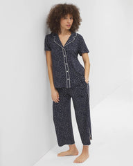 DOT OBSESSED NAVY - Piped Short Sleeve Notch Collar Pajama Top | Soma