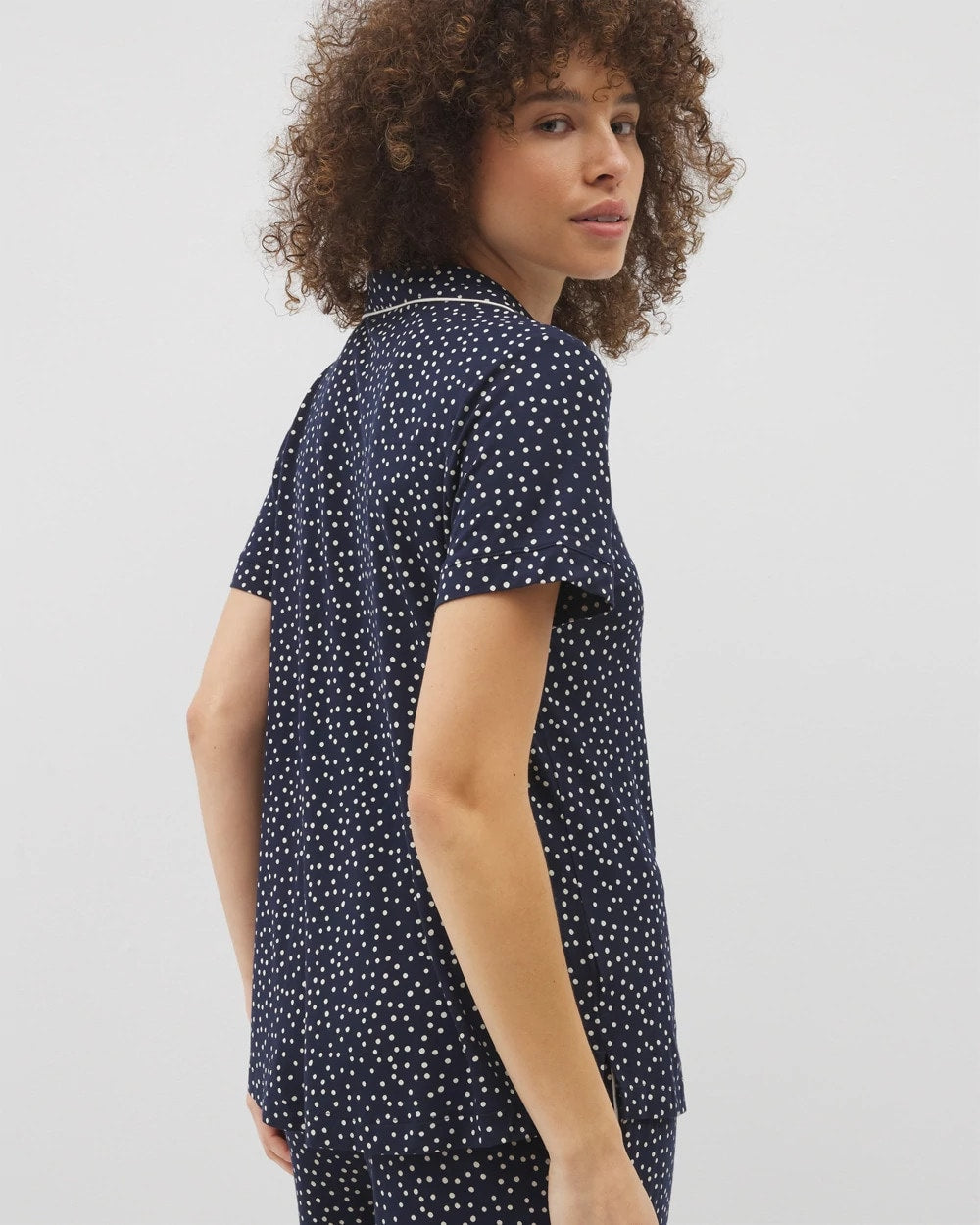 DOT OBSESSED NAVY - Piped Short Sleeve Notch Collar Pajama Top | Soma