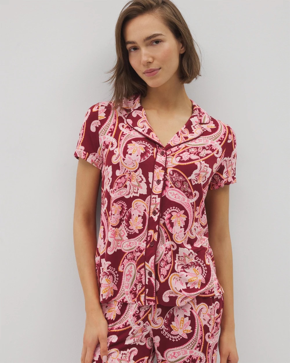 KASHMIR PAISLEY KISS - Piped Short Sleeve Notch Collar Pajama Top | Soma