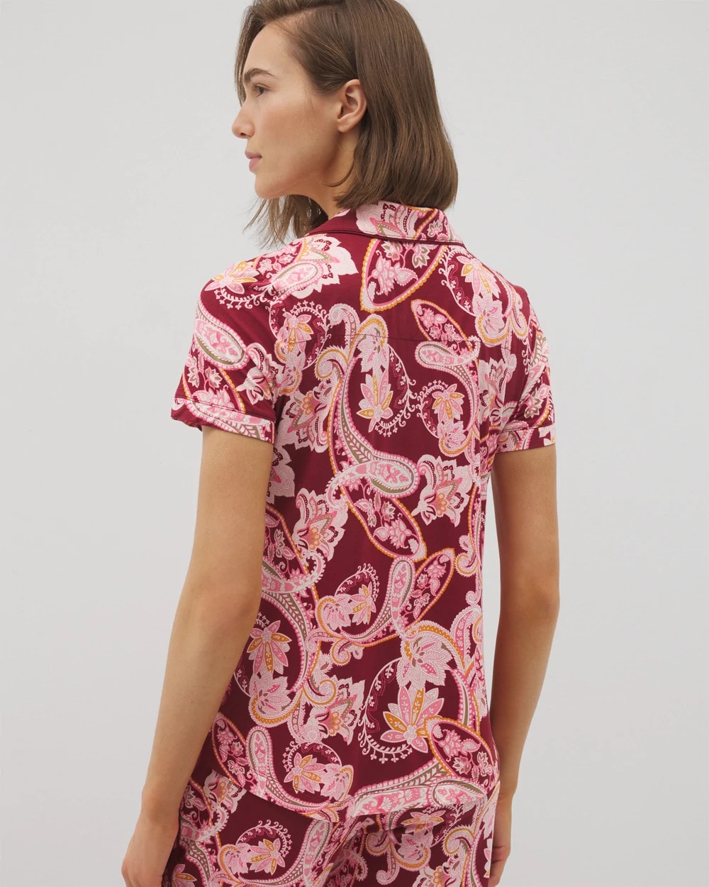 KASHMIR PAISLEY KISS - Piped Short Sleeve Notch Collar Pajama Top | Soma