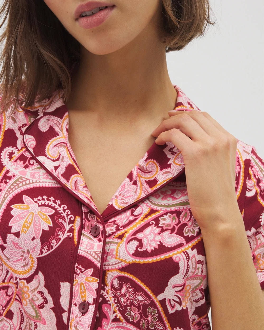 KASHMIR PAISLEY KISS - Piped Short Sleeve Notch Collar Pajama Top | Soma
