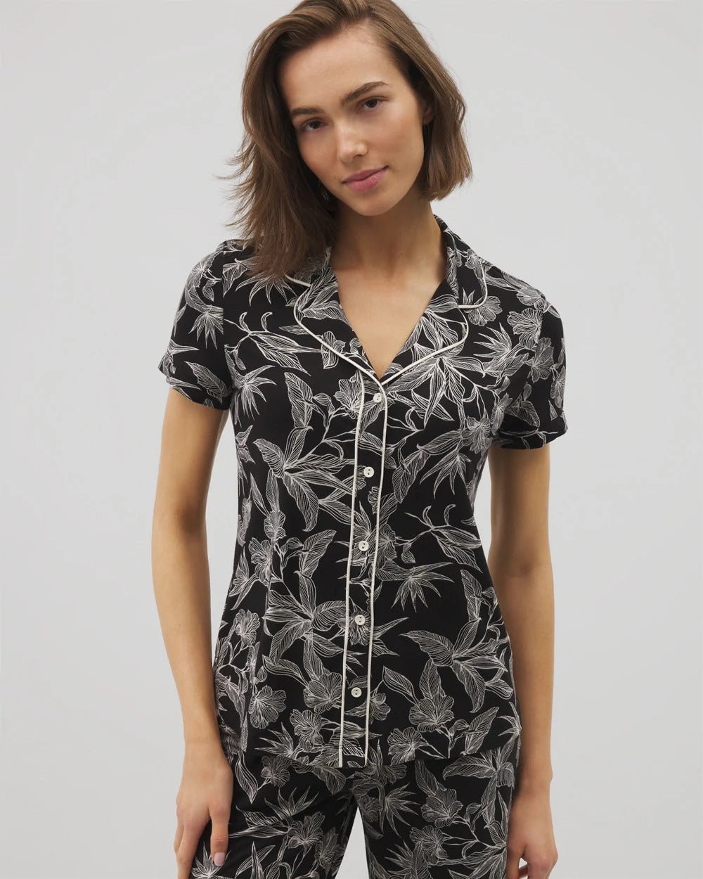 PLUMERIA BLOOMS BLK CH - Piped Short Sleeve Notch Collar Pajama Top | Soma