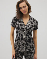 PLUMERIA BLOOMS BLK CH - Piped Short Sleeve Notch Collar Pajama Top | Soma