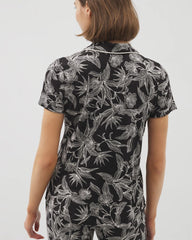 PLUMERIA BLOOMS BLK CH - Piped Short Sleeve Notch Collar Pajama Top | Soma