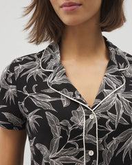 PLUMERIA BLOOMS BLK CH - Piped Short Sleeve Notch Collar Pajama Top | Soma