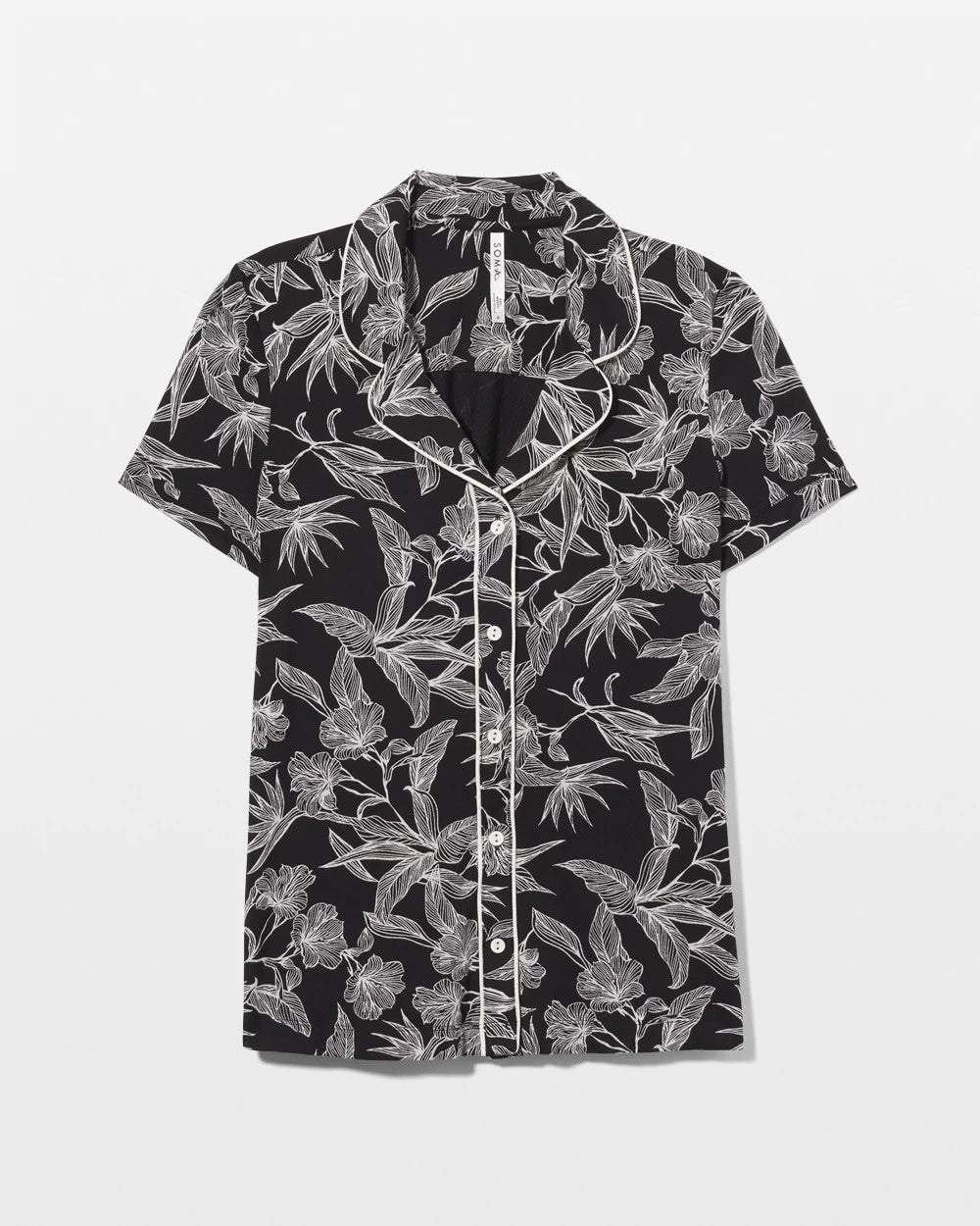 PLUMERIA BLOOMS BLK CH - Piped Short Sleeve Notch Collar Pajama Top | Soma