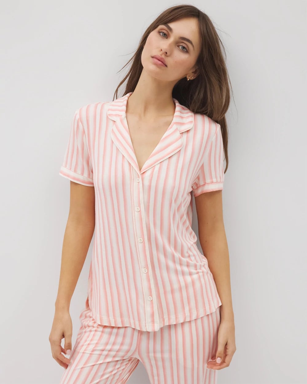 SUNNY STRIPES CHAMPAGNE - Piped Short Sleeve Notch Collar Pajama Top | Soma