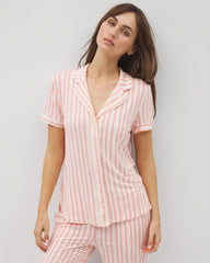 SUNNY STRIPES CHAMPAGNE - Piped Short Sleeve Notch Collar Pajama Top | Soma
