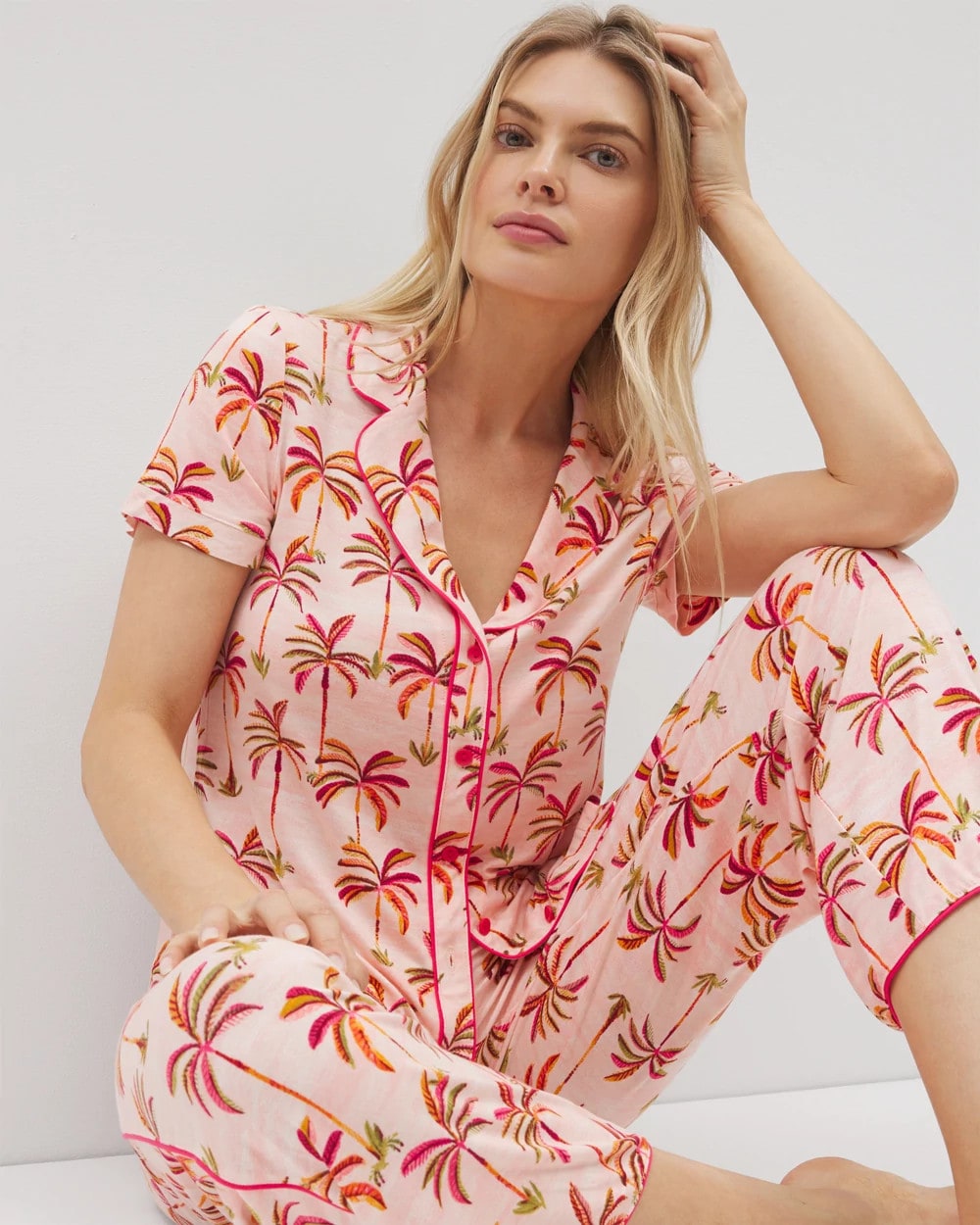 SHAKE YOUR PALM PALMS P - Piped Short Sleeve Notch Collar Pajama Top | Soma