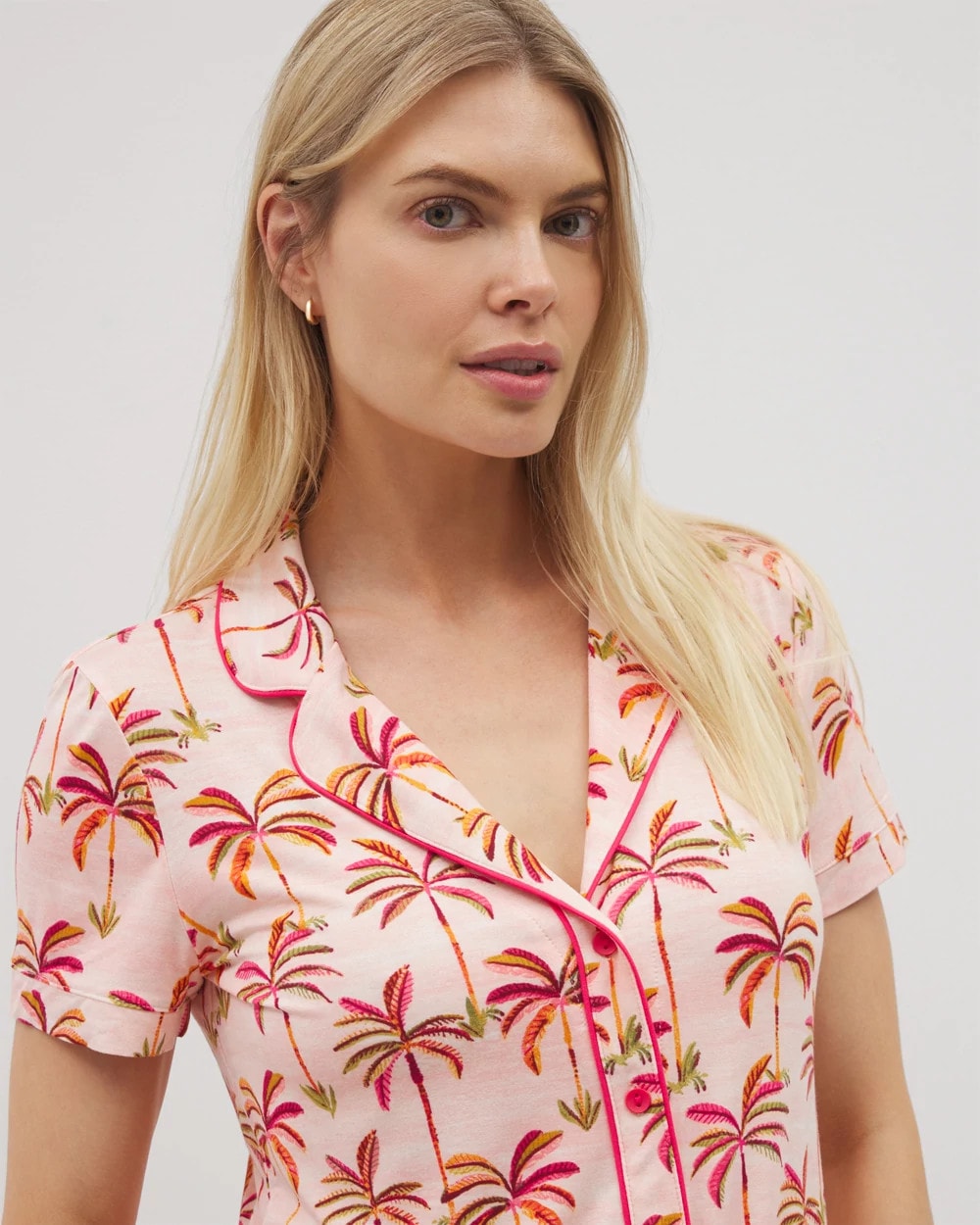 SHAKE YOUR PALM PALMS P - Piped Short Sleeve Notch Collar Pajama Top | Soma