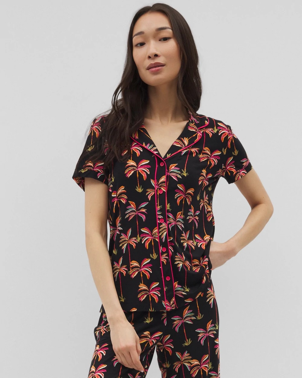 SHAKE YOUR PALM PALMS BLK - Piped Short Sleeve Notch Collar Pajama Top | Soma