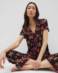 SHAKE YOUR PALM PALMS BLK - Piped Short Sleeve Notch Collar Pajama Top | Soma