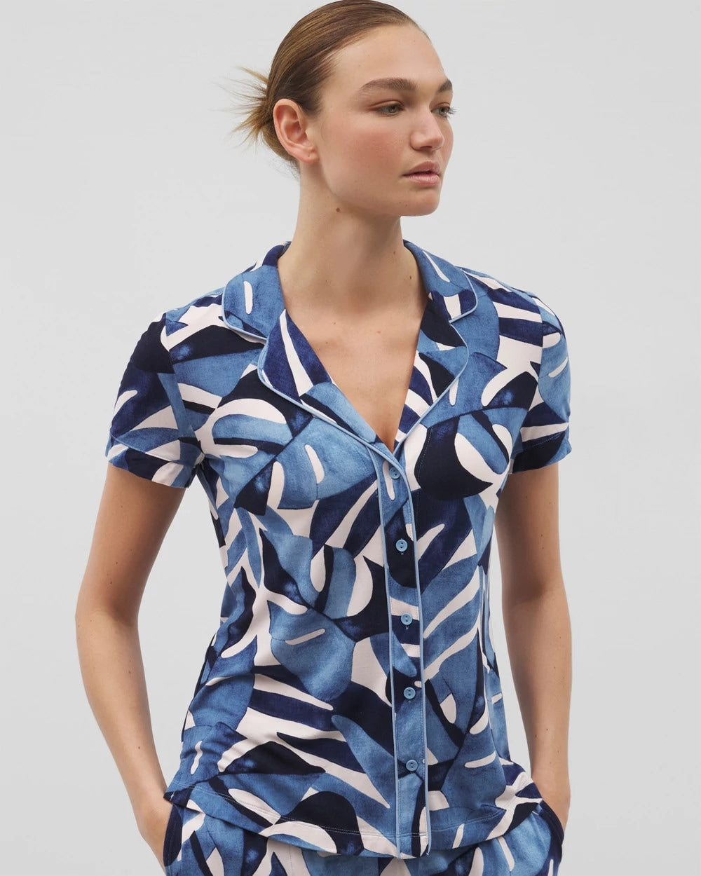 TROPICAL BREEZE SKY - Piped Short Sleeve Notch Collar Pajama Top | Soma