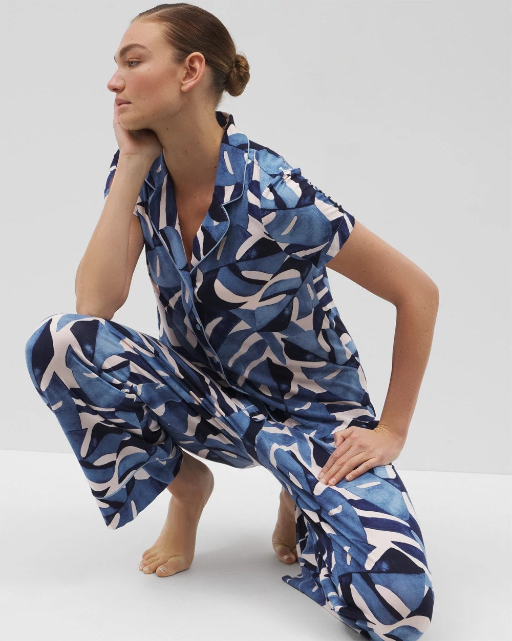 TROPICAL BREEZE SKY - Piped Short Sleeve Notch Collar Pajama Top | Soma