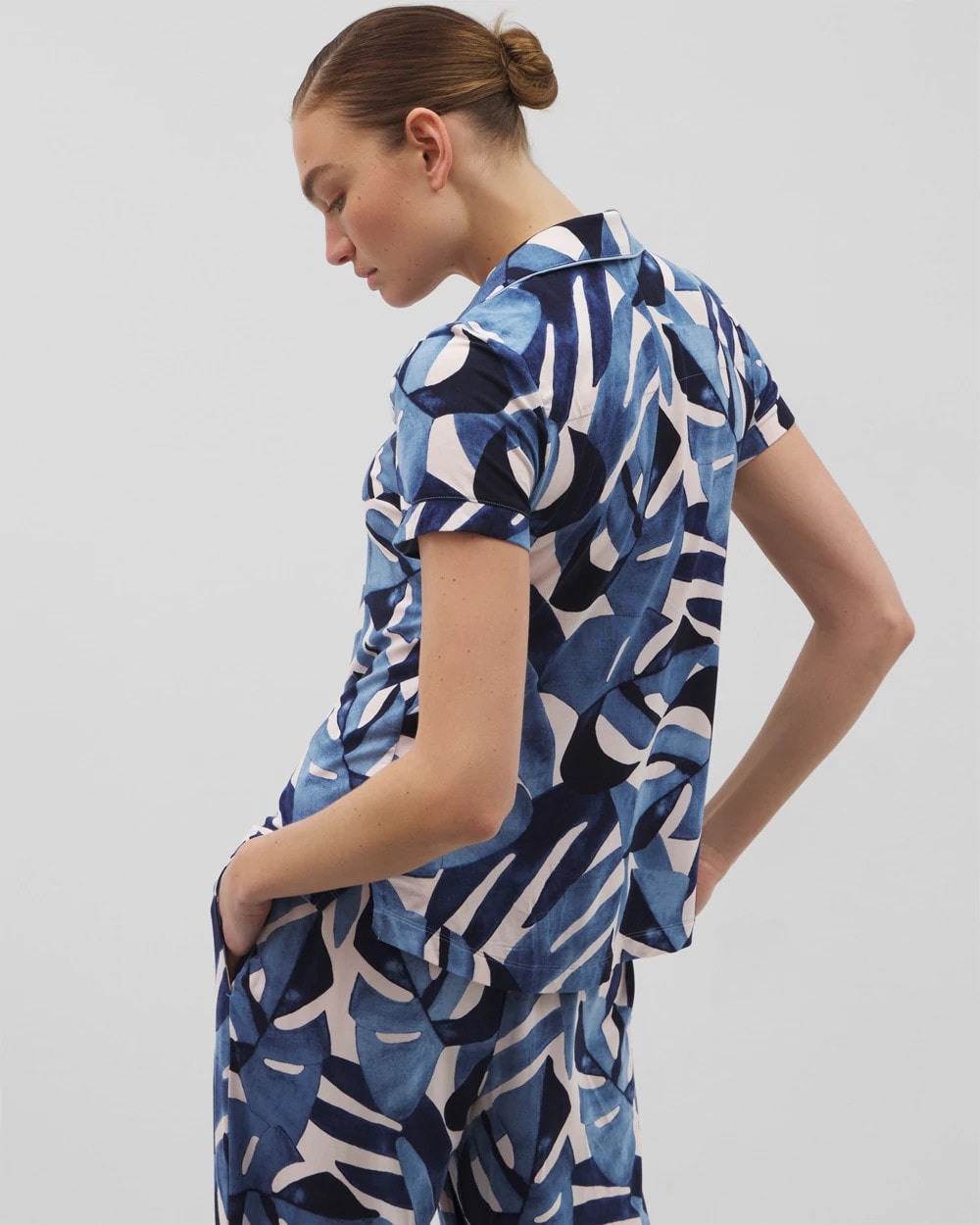 TROPICAL BREEZE SKY - Piped Short Sleeve Notch Collar Pajama Top | Soma