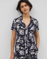 PLUMERIA DREAM NAVY - Piped Short Sleeve Notch Collar Pajama Top | Soma
