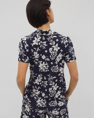 PLUMERIA DREAM NAVY - Piped Short Sleeve Notch Collar Pajama Top | Soma