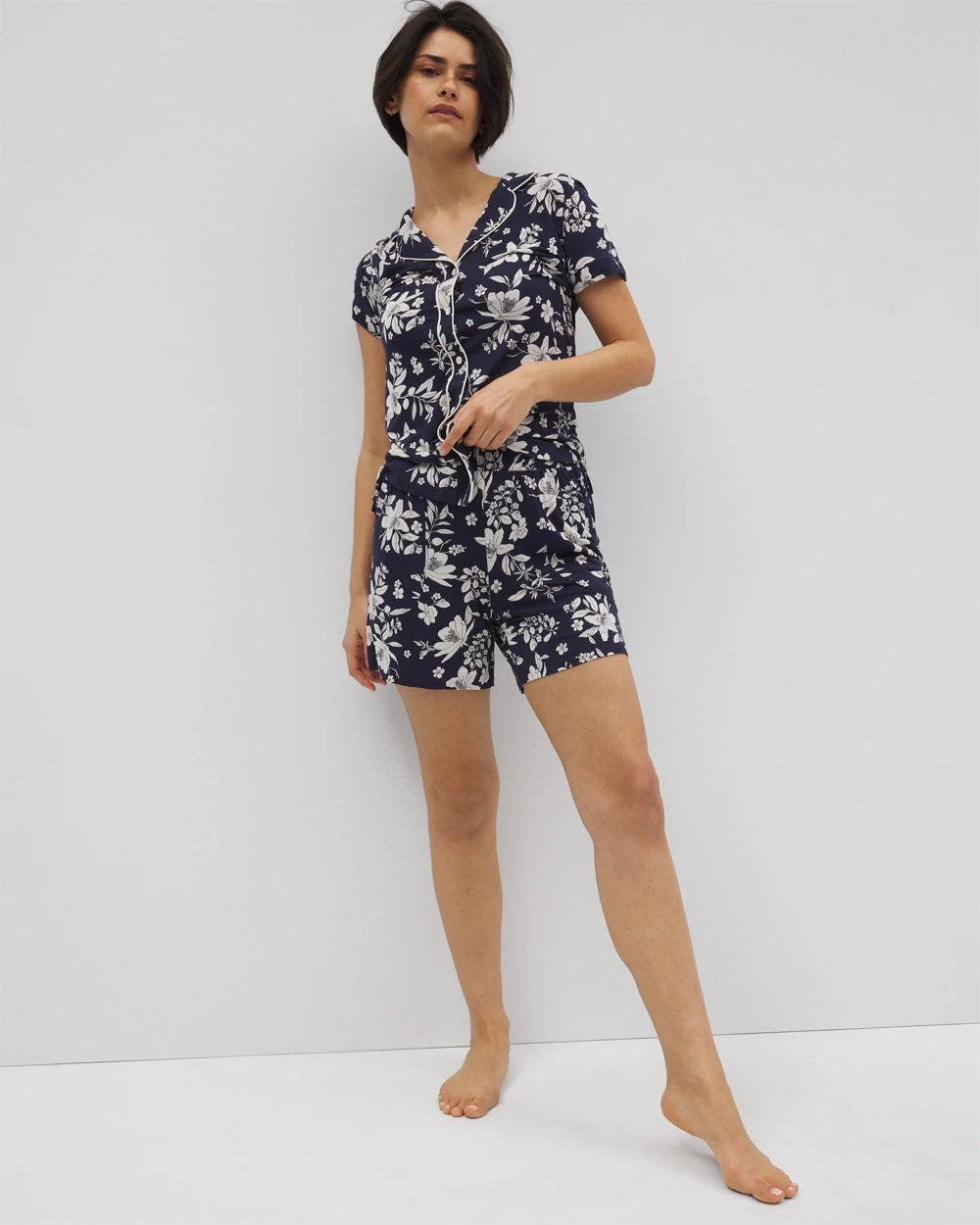 PLUMERIA DREAM NAVY - Piped Short Sleeve Notch Collar Pajama Top | Soma