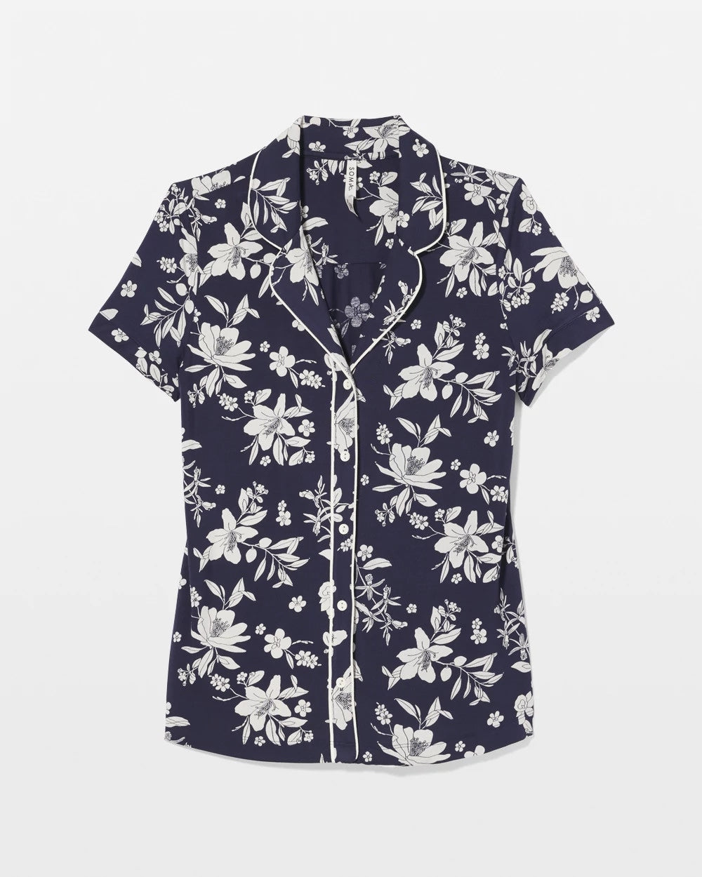 PLUMERIA DREAM NAVY - Piped Short Sleeve Notch Collar Pajama Top | Soma