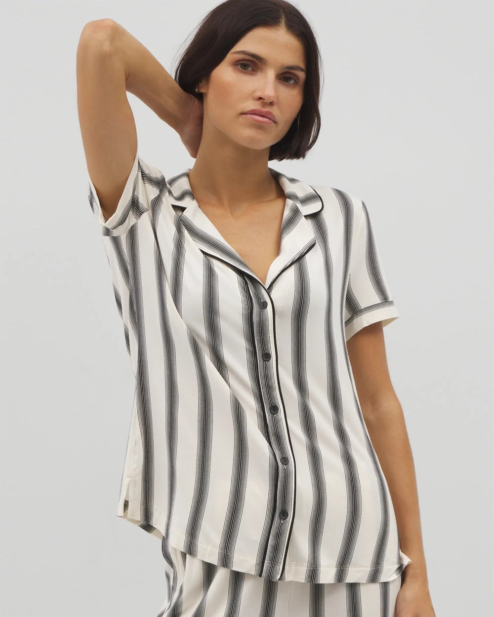 HAMPTON STRIPE BLACK - Piped Short Sleeve Notch Collar Pajama Top | Soma