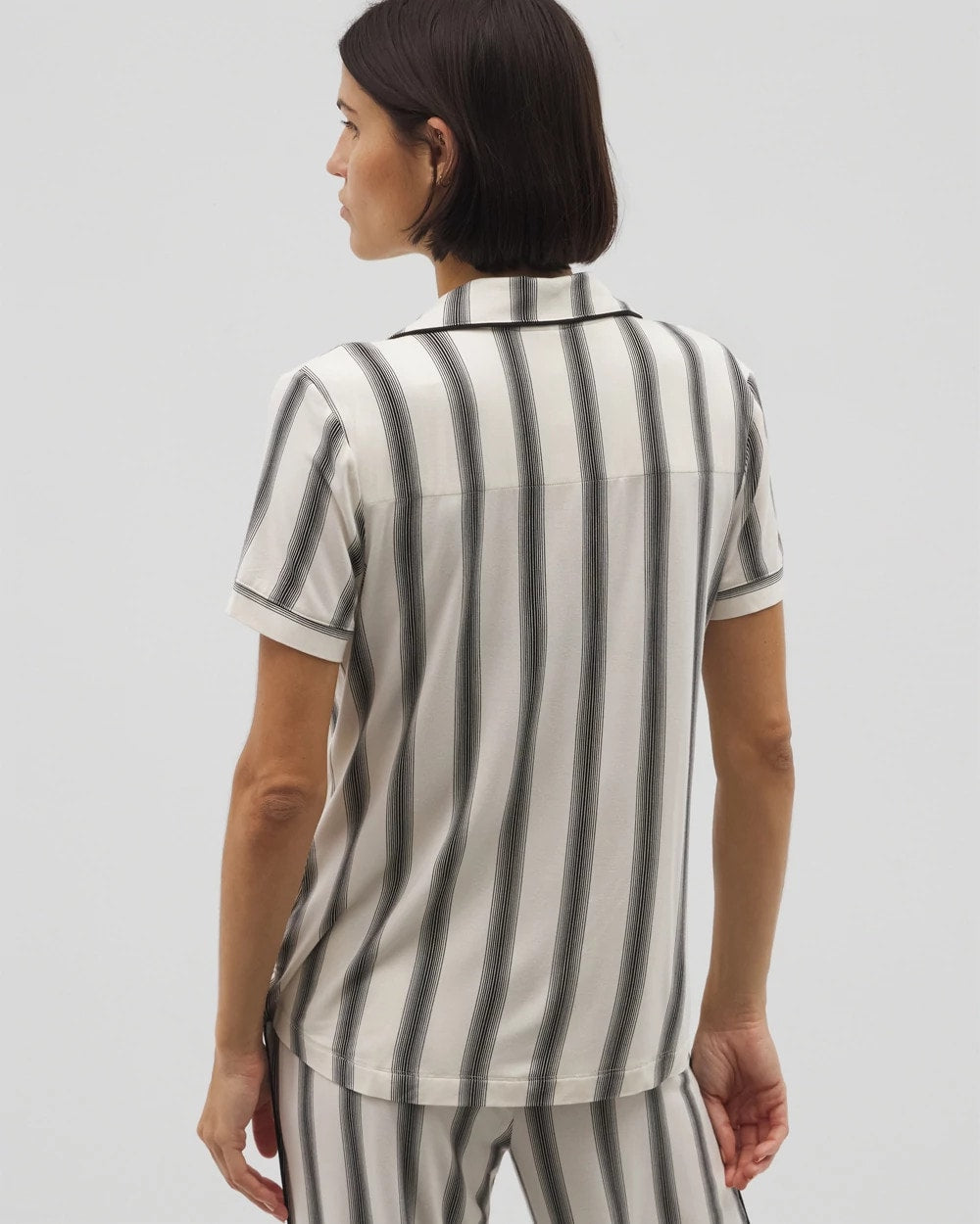 HAMPTON STRIPE BLACK - Piped Short Sleeve Notch Collar Pajama Top | Soma