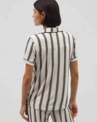 HAMPTON STRIPE BLACK - Piped Short Sleeve Notch Collar Pajama Top | Soma