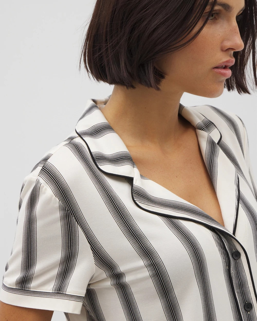 HAMPTON STRIPE BLACK - Piped Short Sleeve Notch Collar Pajama Top | Soma